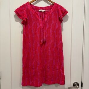 Vineyard Vines Flutter Sleeve Tassel Tie Dress Pink Leaf Hawaiian Print XS